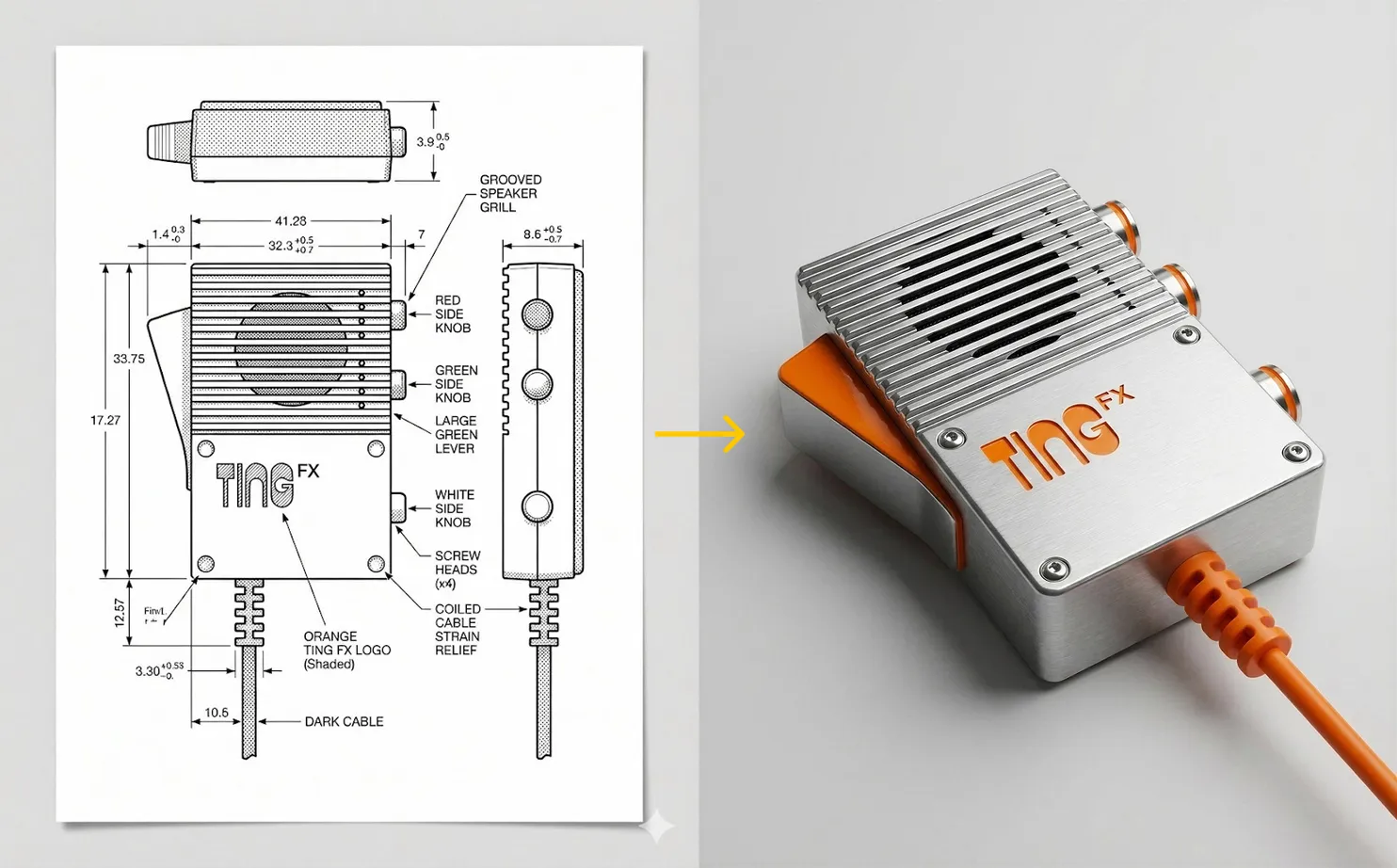 Create a Product render based on this drawing, Aluminium, stainless, and a bright accent color, RAL orange.
